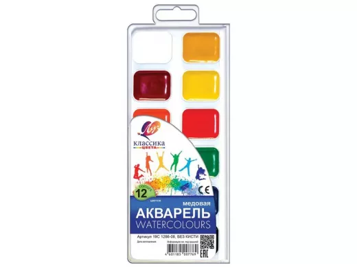 Краски акварельные "BR-102161" "Классика", 12 цветов, медовые, без кисти, пластиковая коробка,