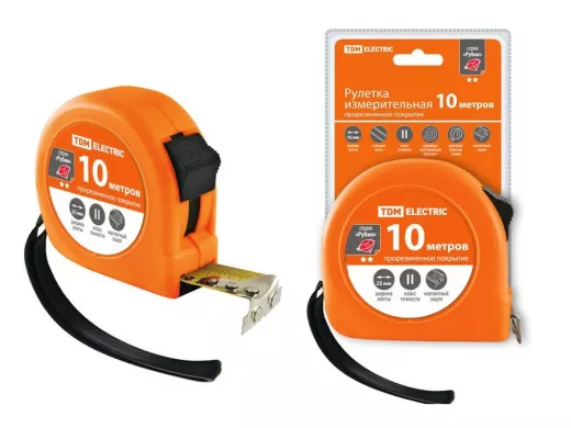 Рулетка TDM 10 м, стальная лента, ширина 25 мм, прорезиненное покрытие, магнит, "Рубин" SQ1018-0108