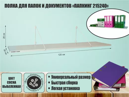 Полка для папок и документов "ПАПКИНГ 215240" высота 26 см размер 120x30 белый и сосна выбеленная