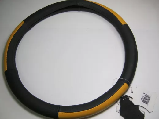 Оплетка на руль 38 см. M 4773E кожа черная+желтая кожа вставка сверху "гладкая"